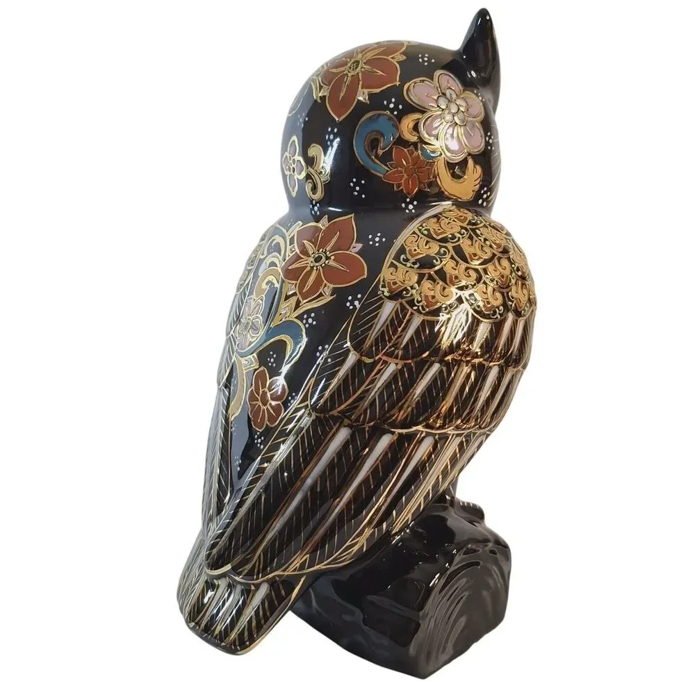 Japanese Kutani Owl Porcelain Figurine Mori Gold Painted Fukuro Lucky Owl Vintag